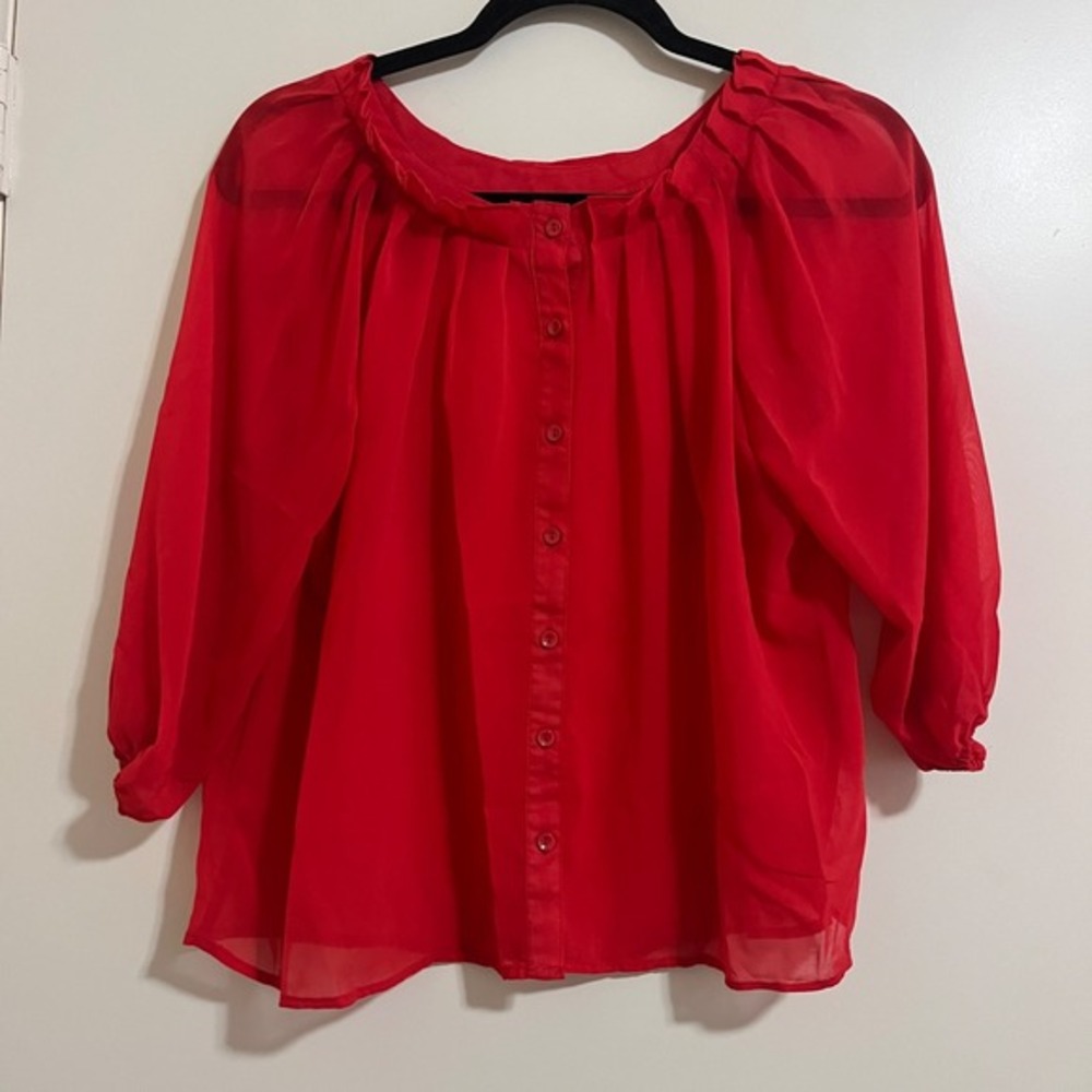 Womens Sheer Chiffon Top Red S Button Front Peasant Romantic Boho Flowy Vacation